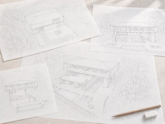 建築の検討過程を描いた手描きのドローイング